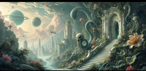 Prompt: A painting in the style of 19th-century realism.  A fantastical aquatic garden filled with bizarre, exotic, aquatic plants featuring large blue curling leaves and tightly coiled tendrils and branches. Strange and bizarre extraterrestrial marine creatures drift through the air as if weightless their forms surreal and organic with coiled tentacles and long flowing tendrils hanging downward. The grand staircase of an alien white palace with flowing organic forms. Far away in the distance obscured by mist rise alien, organic bizarre white buildings with flowing organic forms. A giant, ringed, green gaseous planet with satellites in the sky partially obscured by atmospheric haze. Mist. Puffy pink clouds. Sunlight.