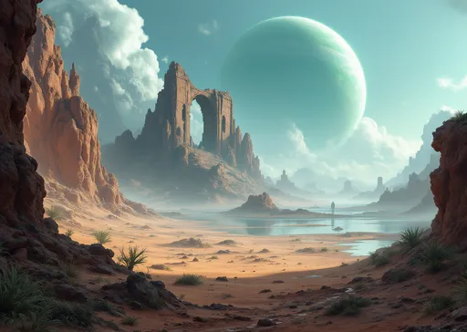Prompt: A vast desert of sand dunes . Scattered , solitary , twisted , strange, tall, arched,  brown , portal rocks . A lake. Lush extraterrestrial, carnivorous and monstruous plants.  A giant ruined, alien, derelict temple. A giant, ringed, gaseous, green planet with huge satellites barely visible in the misty blue sky. Cinematic lighting, dramatic perspective, realistic details.  Mist. Sunlight.