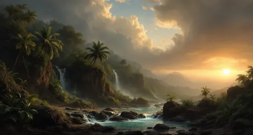 Prompt: Rocky winding river in a lush tropical jungle with plants and palms. Mist . Waterfalls. Turquoise pool .
The most striking element is the sky . Thick, billowing clouds stretch across the sky, heavy and textured with tones of grey, brown, and hints of blue. These clouds seem to part just enough to reveal a glowing band of soft, golden-yellow light near the horizon, suggesting either a sunrise or a sunset. This light gently spills across the landscape, casting a muted radiance that enhances the depth and mystery of the scene. The style of 19th-century realism .
