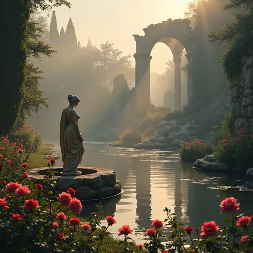 Prompt: a rose garden , a fountain , Aphrodite statue , a pond , greek columns with ruined arches , mist , golden sun