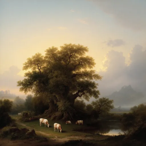 Prompt: A painting in the style of 19th-century realism. A serene, pastoral landscape at twilight. A few cows grazing on a meadow . Massive, lush, gnarled trees. A pond. Mist. Ruins