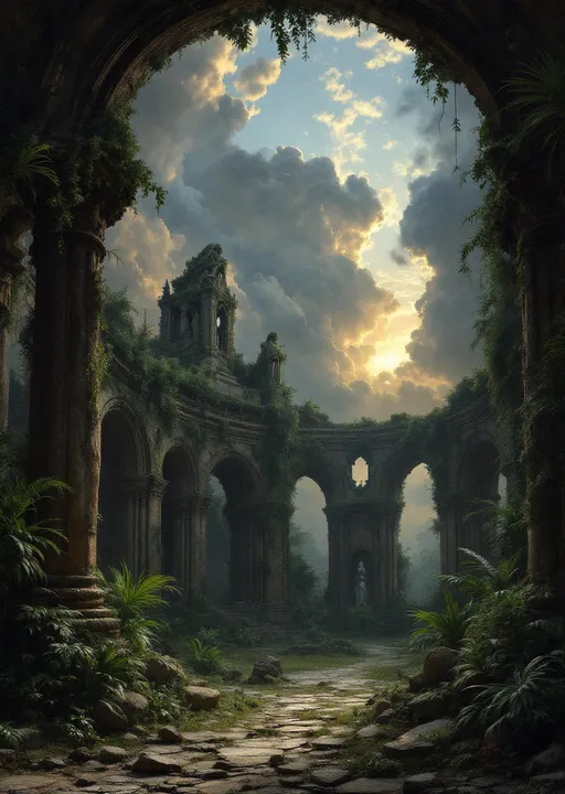 Prompt: The interior of a ruined gothic rotunda with a collapsed ceiling overgrown with lush tropical plants and palms , arched gothic windows, intricate stonework , crumbling gothic statues covered in moss , dramatic shadows , eerie and melancholic atmosphere.
The most striking element is the sky . Thick, billowing clouds stretch across the sky, heavy and textured with tones of grey, brown, and hints of blue. These clouds seem to part just enough to reveal a glowing band of soft, golden-yellow light near the horizon, suggesting either a sunrise or a sunset. This light gently spills across the landscape, casting a muted radiance that enhances the depth and mystery of the scene. The style of 19th-century realism.