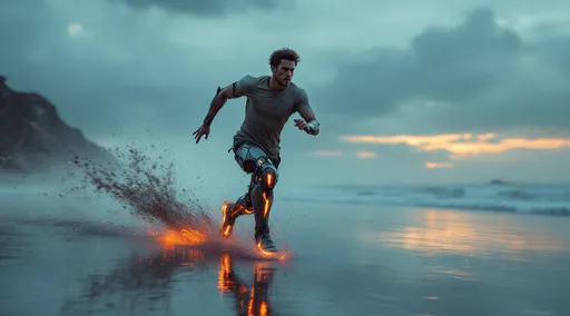 Prompt: A young man in a dirty t-shirt with high-tech robotic legs runs at incredible speed on a beach covered with a thin layer of water. The robotic legs are made of angular , faceted metal plates resembling volcanic crystal formations with sharp geometric edges. Glowing lava-like cracks run through the surface of the legs emitting a deep orange-red light. As he sprints water vapor and droplets burst into the air behind him creating a trail of mist and glowing energy . Same robotic arms . Mist. Dramatic sunset .The sunset casts warm reflections on the wet sand highlighting the contrast between organic motion and futuristic design. 