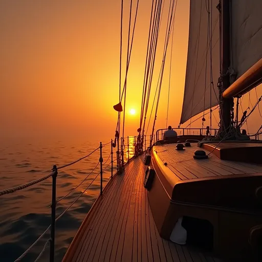 Prompt: A perspective froam a schooner's deck featuring the bow , bowsprit and sails against a vibrant orange sunset . Mist