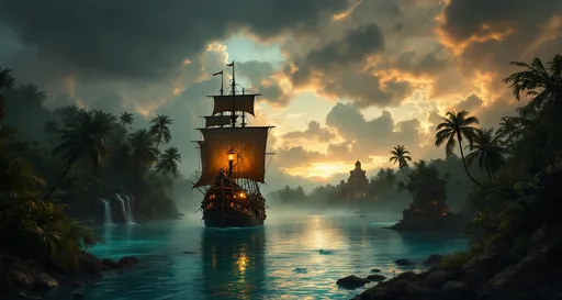 Prompt: A pirate galleon with glowing lanterns on a turquoise misty river in the middle of a lush tropical jungle with plants and palms. Mayan ruins . Waterfalls. The most striking element is the sky . Thick, billowing clouds stretch across the sky, heavy and textured with tones of grey, brown, and hints of blue. These clouds seem to part just enough to reveal a glowing band of soft, golden-yellow light near the horizon, suggesting either a sunrise or a sunset. This light gently spills across the landscape, casting a muted radiance that enhances the depth and mystery of the scene. The style of 19th-century realism.