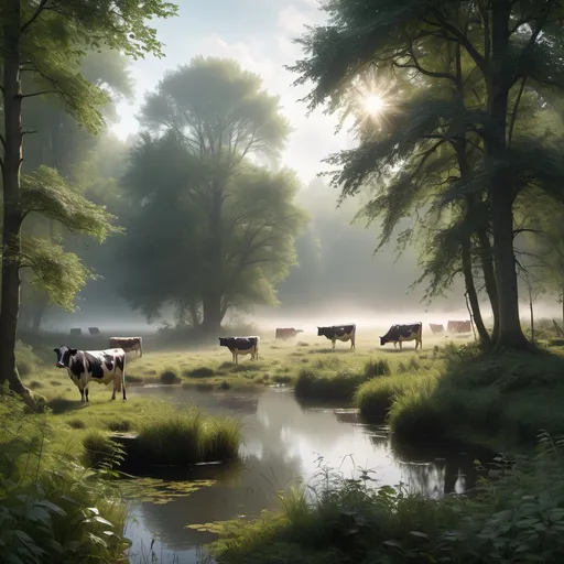 Prompt: a sunlit clearing in a lushy dark forest, a pond, thickets and bushes, mist , a few cows grazing in the distance , photorealism