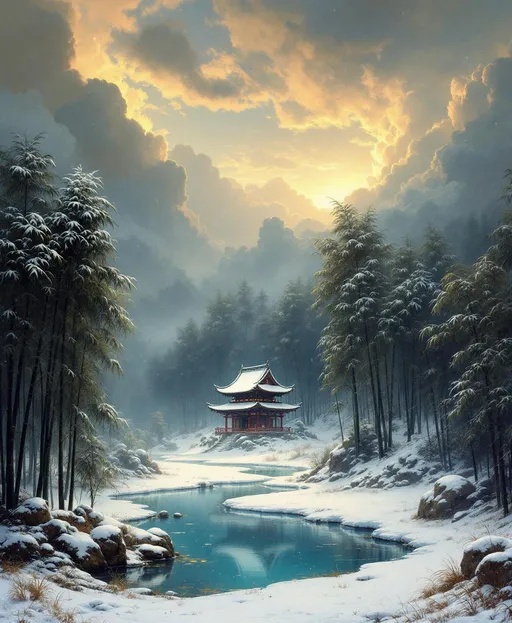 Prompt: A temple in the middle of a snow-covered bamboo forest. Mist. Snowflakes gently falling through the cold air covering the leaves and ground in white  .A serene, meditative atmosphere. A turquoise pond.  The most striking element is the sky . Thick, billowing clouds stretch across the sky, heavy and textured with tones of grey, brown, and hints of blue. These clouds seem to part just enough to reveal a glowing band of soft, golden-yellow light near the horizon, suggesting either a sunrise or a sunset. This light gently spills across the landscape, casting a muted radiance that enhances the depth and mystery of the scene. The style of 19th-century realism.