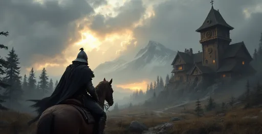 Prompt: A medieval warrior sits still on a horse in a dense pine forest gazing at a viking wooden fortress ahead. The rider wears a chainmail tunic , a conical helmet with the chin strap unfastened and a dark cloak. In his right hand he holds a drawn sword resting it downwards in a relaxed but ready posture. The fortress in the distance is built of timber perched on a rocky hill . It has steep shingled roofs with carved dragon-head ornaments a tall square lookout tower with a circular signal shield mounted at the top and intricate nordic carvings along the walls and roof beams . Mist. In the background we can see a towering snow-capped mountain.
The most striking element is the sky . Thick, billowing clouds stretch across the sky, heavy and textured with tones of grey, brown, and hints of blue. These clouds seem to part just enough to reveal a glowing band of soft, golden-yellow light near the horizon, suggesting either a sunrise or a sunset. This light gently spills across the landscape, casting a muted radiance that enhances the depth and mystery of the scene. The style of 19th-century realism .