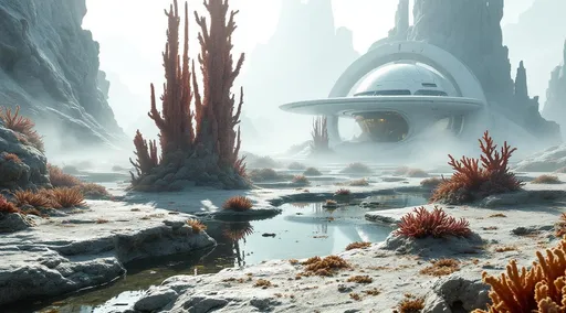 Prompt: A dried-up seafloor dotted with shallow pools covered in tall red coral formations, sea anemones and seaweed. The ground is uneven and textured with patches of wet sand and exposed rock formations evoking a surreal , low-tide marine landscape . Thick mist. Sunlight. A white sci-fi building shrouded in mist