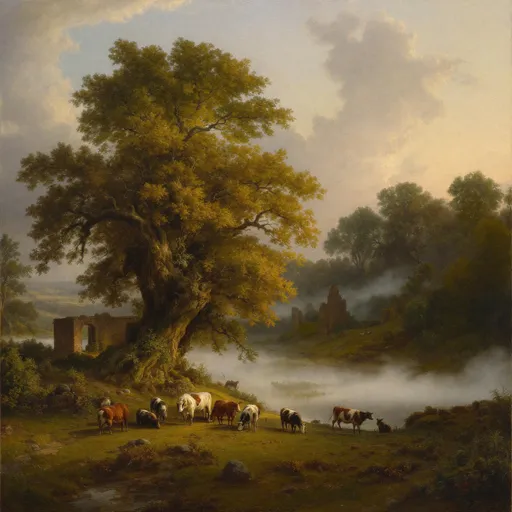 Prompt: A painting in the style of 19th-century realism. A serene, pastoral landscape at twilight. A few cows grazing on a meadow . Massive, lush, gnarled trees. A pond. Mist. Ruins