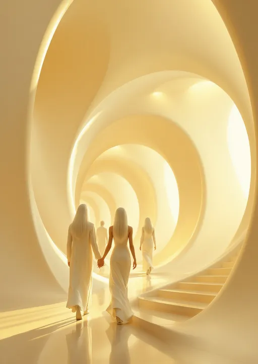 Prompt: Tall men and tall women with white hair dressed in sleek white futuristic clothing walking in a surreal and futuristic yet organic halls with enormous , sweeping blending organic-looking arches curving elegantly upwards resembling the inside of a luminous , futuristic cathedral. The walls and the arches are smooth creamy-white (butter color ) and softly reflective catching the golden light that floods the space . The illumination is warm and ethereal with sunlight pouring through unseen openings casting diffused shadows across the arched surfaces . The overall atmosphere feels sacred , timeless and slightly otherworldy.
