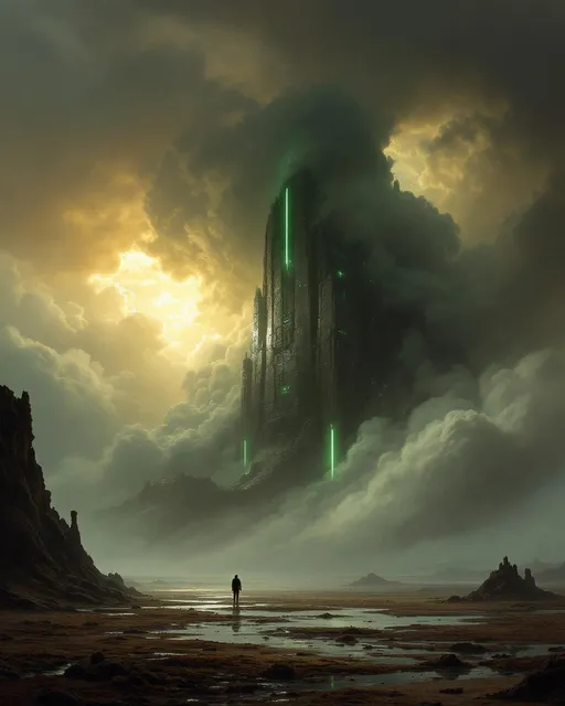 Prompt: A colossal extraterrestrial, towering, monolithic building with glowing green lights shrouded in mist and clouds in the middle of a dry seabed covered in puddles and seaweed.  The most striking element is the sky . Thick, billowing clouds stretch across the sky, heavy and textured with tones of grey, brown, and hints of blue. These clouds seem to part just enough to reveal a glowing band of soft, golden-yellow light near the horizon, suggesting either a sunrise or a sunset. This light gently spills across the landscape, casting a muted radiance that enhances the depth and mystery of the scene. The style of 19th-century realism.