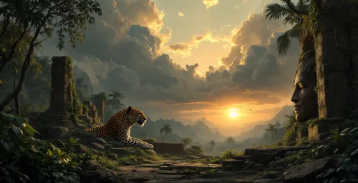 Prompt: A large leopard . The ruins of a jungle temple-stone blocks, fallen pillars and a carved face of a giant statue partly buried in the ground. Lush tropical jungle with plants and palms.  Mist. Vines and vegetation creep through the scene emphasizing the setting as an overgrown and forgotten place . 
The most striking element is the sky . Thick, billowing clouds stretch across the sky, heavy and textured with tones of grey, brown, and hints of blue. These clouds seem to part just enough to reveal a glowing band of soft, golden-yellow light near the horizon, suggesting either a sunrise or a sunset. This light gently spills across the landscape, casting a muted radiance that enhances the depth and mystery of the scene. The style of 19th-century realism .
