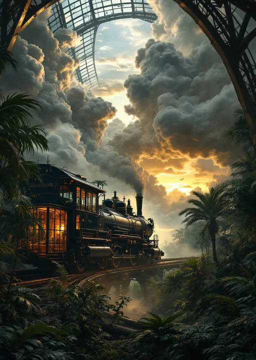Prompt: A steampunk style retro futuristic locomotive in a lush tropical jungle with plants and palms inside a gigantic Victorian glass greenhouse with ornate wrought iron frames . The most striking element is the sky . Thick, billowing clouds stretch across the sky, heavy and textured with tones of grey, brown, and hints of blue. These clouds seem to part just enough to reveal a glowing band of soft, golden-yellow light near the horizon, suggesting either a sunrise or a sunset. This light gently spills across the landscape, casting a muted radiance that enhances the depth and mystery of the scene. The style of 19th-century realism .