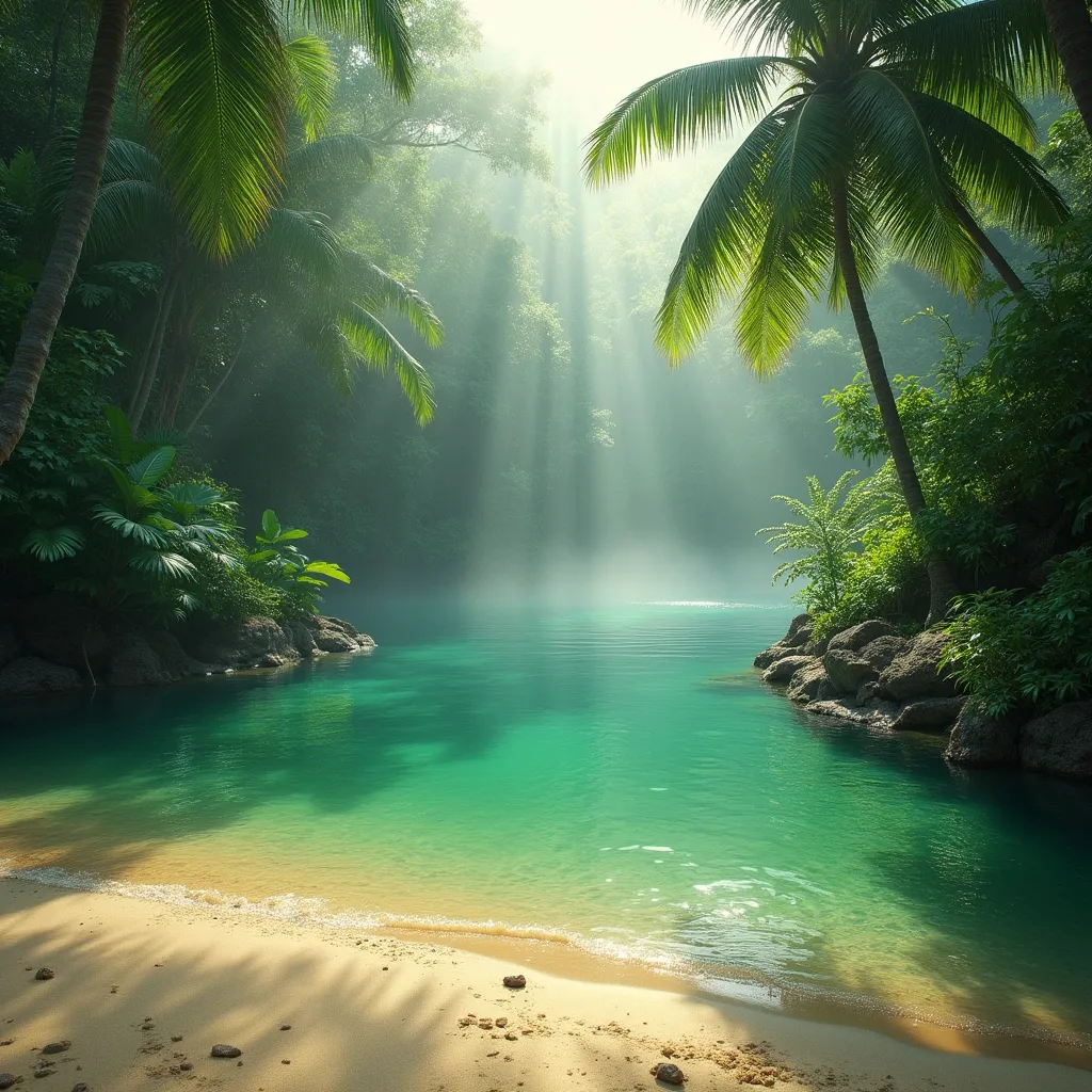 Prompt: A pond with green crystaline water . Sandy shore . Lush tropical plants and palms . Mist . Sunlight .