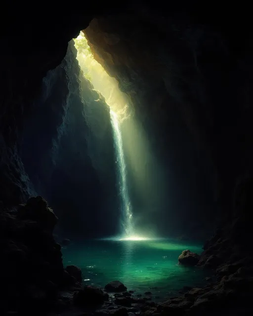 Prompt: A dark cave with deep caverns and sky-high walls that form into ceilings flooded with turquoise water . Mist. A small waterfall pours in through a crack in the ceiling where sunrays stream down and illuminate the water . The style of 19th-century realism.