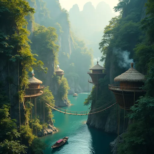 Prompt: A turquoise river flows through a  large forested canyon . Along the steep cliffs sci-fi bamboo vertical cliff dwellings shaped like elongated swallow's nest are precariously perched blending with natural surroundings . The nests are suspended anchored to the rocky walls with sturdy ropes . Wooden and rope bridges among the dwellings . Boats on the river . Wips of smoke rise gently from the huts carrying the scent cooked food into the air creating a mystical and tranquil atmosphere . Mist . Steam rises from the trees . Golden sunlight