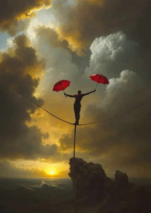 Prompt: A harlequin balancing with two red umbrellas on a tightrope strung between two poles above a stromy sea. The most striking element is the sky . Thick, billowing clouds stretch across the sky, heavy and textured with tones of grey, brown, and hints of blue. These clouds seem to part just enough to reveal a glowing band of soft, golden-yellow light near the horizon, suggesting either a sunrise or a sunset. This light gently spills across the landscape, casting a muted radiance that enhances the depth and mystery of the scene. The style of 19th-century realism .