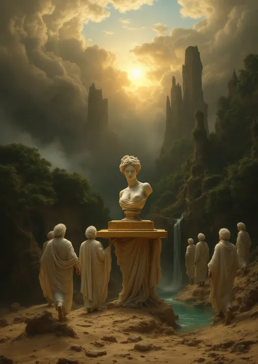 Prompt: Six counts dressed in white satin clothes and wearing white powdered wigs carry on their shoulders a giant marble bust of Venus without arms placed on a massive square golden tray.
They walk  through sand dunes covered with an enchanted , mysterious, lush forest with gnarled, lush, magical trees with tangled web of roots emerging from the ground . Strange, mysterious, slender towering ruins. Waterfalls. Mist. A turquoise pond . The most striking element is the sky . Thick, billowing clouds stretch across the sky, heavy and textured with tones of grey, brown, and hints of blue. These clouds seem to part just enough to reveal a glowing band of soft, golden-yellow light near the horizon, suggesting either a sunrise or a sunset. This light gently spills across the landscape, casting a muted radiance that enhances the depth and mystery of the scene. The style of 19th-century realism .