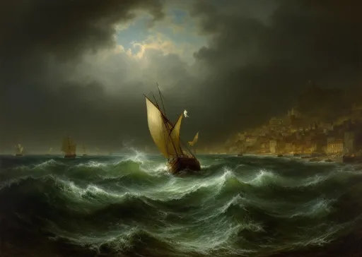 Prompt: A stormy sea near a coastal town  in the style of 19th-century realism rendered with striking realism and emotional depth. Dominating the foreground are the turbulent, foaming waves  in shades of green, blue, and white, their motion frozen in time as they roll and crash with great force. The sea appears restless and alive, suggesting the power and unpredictability of nature.

In the midground, a sailboat struggles against the waves. Its mast leans precariously, and the sail is stretched taut in the strong wind. The ship's white flag flutters violently, suggesting distress or surrender, while its hull cuts through the churning water. Around the ship, several other vessels are anchored or sailing, silhouetted against the dramatic sky. Their masts form a rhythmic pattern, contributing to the sense of depth and distance.

To the right, a coastal town stretches along the shore, painted in warm, golden tones that contrast with the dark sea and sky. The buildings are nestled closely together, and a hill rises behind them, possibly crowned by a fortress or larger structure. The lights and colors of the town add a touch of calm and warmth to the otherwise intense and brooding scene.

Above, the sky dominates much of the composition. It is filled with swirling clouds, transitioning from a pale, yellowish hue near the top to darker, more ominous tones near the horizon. Light breaks through in patches, casting an eerie glow over the sea and ships. Seagulls dot the sky, their white forms standing out against the stormy backdrop and reinforcing the maritime setting.

The overall mood of the scene is one of tension and awe.

