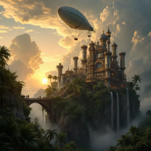 Prompt: A steampunk castle perched on a rocky cliff covered in lush tropical plants and palms with transparent tubes extending into the clouds through which elevators travel. Mist . Intricate mechanical details , brass and copper elements , a surreal, dreamlike atmosphere. Above the castle floats a large, elongated montgolfier balloon tethered tot he structure with ropes . Waterfalls.
 The most striking element is the sky . Thick, billowing clouds stretch across the sky, heavy and textured with tones of grey, brown, and hints of blue. These clouds seem to part just enough to reveal a glowing band of soft, golden-yellow light near the horizon, suggesting either a sunrise or a sunset. This light gently spills across the landscape, casting a muted radiance that enhances the depth and mystery of the scene. The style of 19th-century realism.