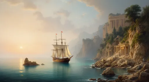 Prompt: A sailing ship exiting a cove surrounded by rocky cliffs covered in vegetation . Greek ruins . Mist. Turquoise water . Sunset. The style of 19th-century realism .