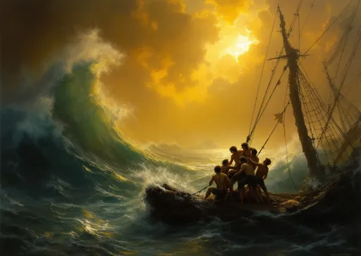 Prompt: A maritime scene  in the style of 19th-century realism with a group of shipwreck survivors clinging to the remnants of a shattered mast, desperately trying to stay afloat amid the stormy sea. The background consists of a vast, open ocean with towering waves, while the sky is illuminated by a dramatic golden light, suggesting either sunrise or sunset. This warm glow contrasts starkly with the cold, dark waters, creating a sense of hope despite the perilous situation.

The ocean is depicted as wild and untamed, with massive waves rolling through the scene. The largest wave in the foreground is painted with remarkable detail, its crest foaming and crashing downward. The water is rendered in deep blues and greens, with sunlight reflecting off the surface, adding to the realism and movement of the waves. The scene captures the immense power of the sea, making the small raft appear fragile and insignificant in comparison.

The shipwrecked sailors huddle together on the broken mast, their faces and postures conveying exhaustion, fear, and a glimmer of hope. Some of them seem to be praying, while others point toward the distant horizon, possibly seeking rescue. One figure, distinguishable by a red piece of fabric, stands out among them, adding a focal point to the human element in the scene .

