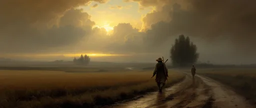 Prompt: A painting in the style of 19th-century realism. Two peasants walking along a winding path through a wheat field. The path is partially covered with puddles and mud. One of the peasants wears a straw hat and carries a hoe over his shoulder. Mist. Lush, tall trees rising from the wheat field. The most striking element is the sky . Thick, billowing clouds stretch across the sky, heavy and textured with tones of grey, brown, and hints of blue. These clouds seem to part just enough to reveal a glowing band of soft, golden-yellow light near the horizon, suggesting either a sunrise or a sunset. This light gently spills across the landscape, casting a muted radiance that enhances the depth and mystery of the scene. A painting in the style of 19th-century realism.