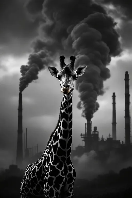 Prompt: A giraffe standing in front of an industrial background with tall, thin, smoking chimneys thick smoke rising into a polluted sky. Black clouds. Surreal atmosphere. Dramatic lighting. Dramatic shadows. Black and white.