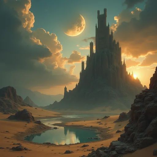 Prompt: A surreal and majestic desert landscape featuring a towering gothic castle on a rocky hill , with a small reflective pool in the foreground . The sky is dramatic , filled with dense clouds , a glowing moon contrasts with the golden hues of a setting sun . The scene evokes a mystical and other worldy atmosphere