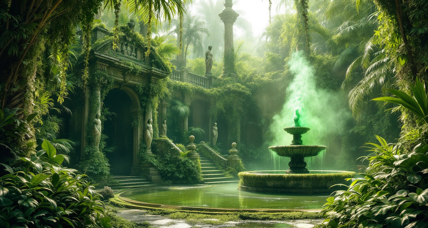 Prompt: An abandoned lush garden filled with lush overgrown lush tropical plants and palms . A Venus statue covered in mold, moss and ivy . A ruined fountain covered in mold, moss and ivy from which green steam arise . Thick mist . A ruined palace with ornate pillars balustrades and statues covered in mold and moss . A green puddle Stairs . Sunlight