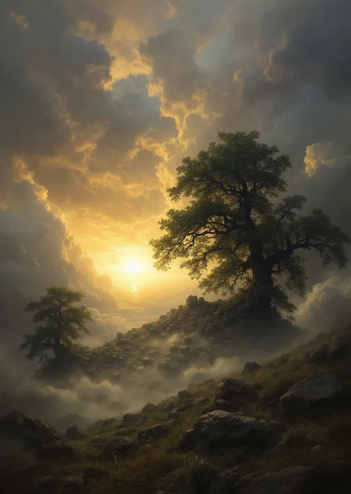 Prompt: Thousands of stones levitating around a mysterious silhouette .Trees. Surreal and atmospheric scene .Mist.
The most striking element is the sky . Thick, billowing clouds stretch across the sky, heavy and textured with tones of grey, brown, and hints of blue. These clouds seem to part just enough to reveal a glowing band of soft, golden-yellow light near the horizon, suggesting either a sunrise or a sunset. This light gently spills across the landscape, casting a muted radiance that enhances the depth and mystery of the scene. The style of 19th-century realism .