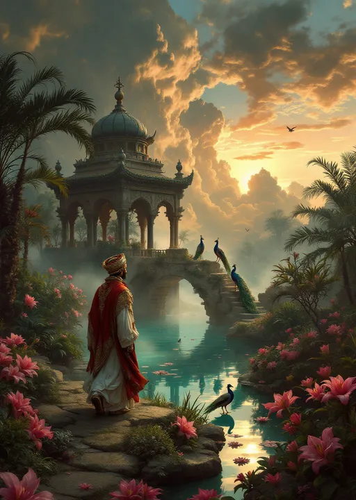 Prompt: A man dressed in a sumptuous caliph costume wearing an ornate turban and a flowing cloak walking beside his loyal servant in an enchanted lush garden with tropical plants and palms. Pink lilies . Mist. An Arabian gazebo. Peacocks . Lyre birds perched on branches . A turquoise pond with pink lilies . Blood-red sunset. The most striking element is the sky . Thick, billowing clouds stretch across the sky, heavy and textured with tones of grey, brown, and hints of blue. These clouds seem to part just enough to reveal a glowing band of soft, golden-yellow light near the horizon, suggesting either a sunrise or a sunset. This light gently spills across the landscape, casting a muted radiance that enhances the depth and mystery of the scene. The style of 19th-century realism .