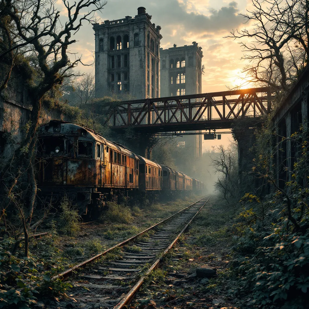 Prompt: A forgotten train depot overgrown with wild vegetation . Trees . A sky bridge . Rusted and damaged diesel locomotives with peeling paint stand motionless their metal shells corroded by time . Crumbling , abandoned towering buildings their windows shattered and walls with peeling plaster add the eerie atmosphere of decay and neglect . Mist . Sunset . 