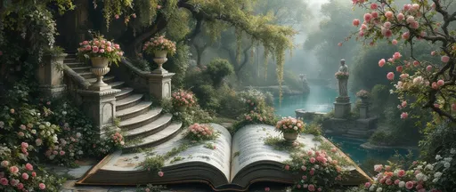 Prompt: A painting in the style of 19th-century realism.  An aerial view of a lush, misty garden growing on a giant open stone book. Stone stairs with ornate floral urns with wilted drooping flowers . Some delicate silvery branches and leaves spill out from them. Statues. A turquoise pond. Gnarled, lush trees. Branches covered in climbing pink and white roses.