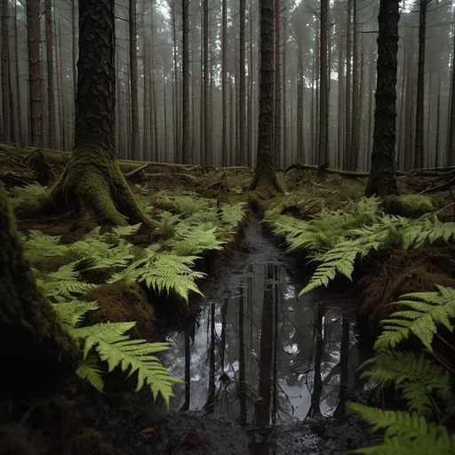 Prompt: a light in a dark and dense pine forest with a puddle and fallen trees  covered with moss and ground covered with thick ferns