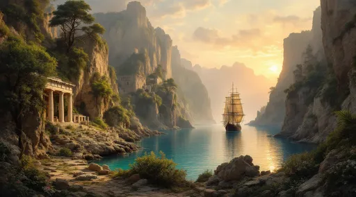 Prompt: A sailing ship exiting a cove surrounded by rocky cliffs covered in vegetation . Greek ruins . Mist. Turquoise water . Sunset. The style of 19th-century realism .