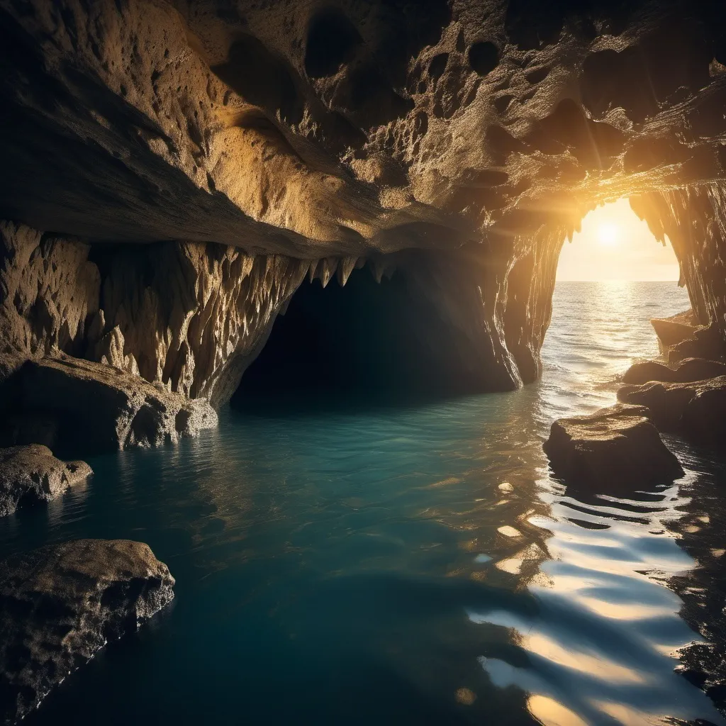 Prompt: a cave flooded by sea lit by sun