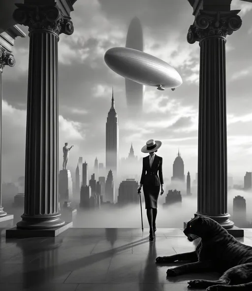 Prompt: A perspective framed by four enormous Greek columns, an open platform overlooking a cloud-covered city with towering skyscrapers. One column partially visible stands prominently in the foreground while the other three recede into the background. The statue of David on a pedestal. Rising from the misty cityscape a towering Art Deco skyscraper dominates the skyline. Above partially visible between the columns in the foreground a massive retro-futuristic metallic zeppelin floats silently. On the platform a slender woman wearing a tight white knee-length skirt and a black tailored suit with large white lapels, a huge hat with very wide, flat brims, elbow-length white gloves, stockings and high-heeled shoes holding  a long cigarette holder with a lit cigarette is elegantly walking a black panther on a leash. Another majestic black panther lies stretched out next to a column. Mist. Dramatic sky at sunset. Dramatic lighting. Dramatic shadows. Black and white
