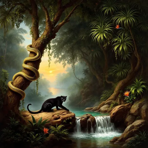 Prompt: Deep jungle. Lush tropical plants and palms. Vines draped on branches. Mist. On the left side of the image a large python tightly coiled around a thick, gnarled branch. A black panther on a fallen, rotten tree stump. A small waterfall. A turquoise pool. Rocks. Bird of paradise flowers. Sunset filters through the dense foliage. A painting in the style of 19th-century realism. 