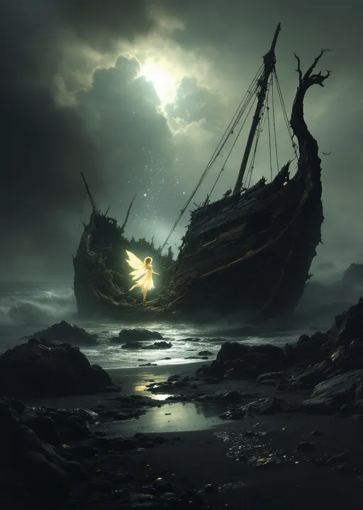 Prompt: A glowing fairy with delicate wings radiating light trapped between the rotten blackened ribs of a wrecked ship stranded on a beach of volcanic black sand . Mystical atmosphere. Mist . Stormy clouds. Stormy sea. The style of 19th-century realism .