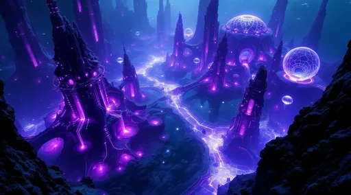 Prompt: A view from above of a vast and mysterious alien underwater structure illuminated entirely by bioluminescent purple and deep blue lights. The architecture is smooth, flowing and organic resembling coral reefs and neural networks with towering , curved structures rising like spires from the ocean floor. Thin, glowing lines trace intricate patterns across the surfaces suggesting energy  or communication channels. The environment is bathed in a surreal, dreamlike violet-blue fog with soft, glowing orbs floating in the water. The structure includes translucent domes and tunnels lit from within and structures that resemble giant jellyfish or sea anemones casting a faint, pulsing light. Everything appears alive as if the architecture is partly organic . Submerged rocky cliffs.  The atmosphere is silent, mysterious and otherworldly - an ancient, forgotten civilization hidden beneath th eocean of an alien planet .