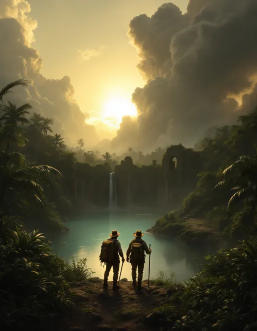 Prompt: Two jungle explorers, two men dressed in 19th-century explorer outfits with ice picks and back packs in front of a colossal, ruined rotonda  overgrown with moss and lush , tropical plants . Mist. Dark, lush, tropical jungle with plants and palms .A turquoise pond . Waterfalls . The most striking element is the sky . Thick, billowing clouds stretch across the sky, heavy and textured with tones of grey, brown, and hints of blue. These clouds seem to part just enough to reveal a glowing band of soft, golden-yellow light near the horizon, suggesting either a sunrise or a sunset. This light gently spills across the landscape, casting a muted radiance that enhances the depth and mystery of the scene. The style of 19th-century realism.