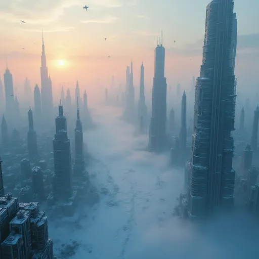 Prompt: A massive city with many skyscrapers covered in frost and snow during an apocalyptic ice age .The city is flooded by the ocean which has completely frozen over . Dozens of alien , sci-fi spacecrafts fly among towering skyscrapers creating a surreal and otherworldy atmosphere . Thick mist . Frozen air . Sunset