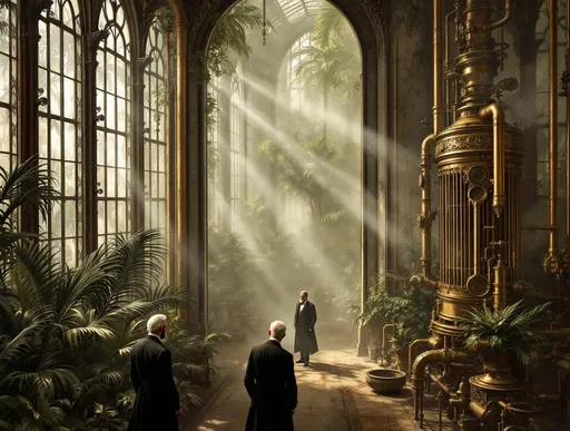 Prompt: A painting in the style of 19th-century realism. A perspective from above inside an enormous, tall, hazy, elongated Victorian-era greenhouse filled with lush tropical plants and palms from which steam slowly rises. Tall, arched, dirty Victorian windows with panes richly decorated with wrought iron frames shaped like intricate filigree featuring delicate curls and lace-like metalwork. An enormous, elongated steampunk machinery made of brass, copper pipes, riveted metal plates and rotating mechanical components. Shafts of sunlight filtering through windows illuminating the dust suspended in air. Two  men dressed in late 19th-century fashion are engaged in a conversation. One of them facing the camera has a short, sharp-pointed white beard.