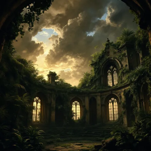 Prompt: The interior of a ruined gothic rotunda with a collapsed ceiling overgrown with lush tropical plants and palms , arched gothic windows, intricate stonework , crumbling gothic statues covered in moss , dramatic shadows , eerie and melancholic atmosphere.
The most striking element is the sky . Thick, billowing clouds stretch across the sky, heavy and textured with tones of grey, brown, and hints of blue. These clouds seem to part just enough to reveal a glowing band of soft, golden-yellow light near the horizon, suggesting either a sunrise or a sunset. This light gently spills across the landscape, casting a muted radiance that enhances the depth and mystery of the scene. The style of 19th-century realism.