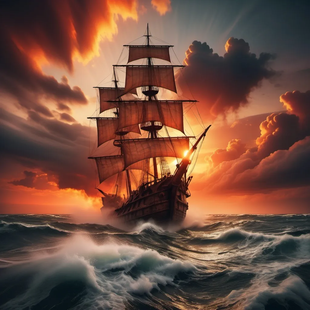 Prompt: a sail shipwreck  in a boiling sea . Steam rises from the sea in the form of volumetric clouds.  A sloop drifts adrift with survivors. Everything is lit by a fiery sunset . Dramatic and majestic sky