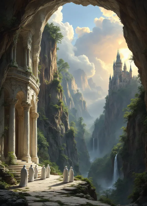 Prompt: The interior of a temple carved into a white stone huge cave with ornate columns and arches sculpted from the same white rock. White robed priests with white hair. The cave opens to a breathtaking view of rocky cliffs covered with an enchanted , mysterious, lush forest with gnarled, lush, magical trees with tangled web of roots emerging from the ground . In the distance a towering fairy tale style castle. Mist. Waterfalls. The most striking element is the sky . Thick, billowing clouds stretch across the sky, heavy and textured with tones of grey, brown, and hints of blue. These clouds seem to part just enough to reveal a glowing band of soft, golden-yellow light near the horizon, suggesting either a sunrise or a sunset. This light gently spills across the landscape, casting a muted radiance that enhances the depth and mystery of the scene. The style of 19th-century realism.
