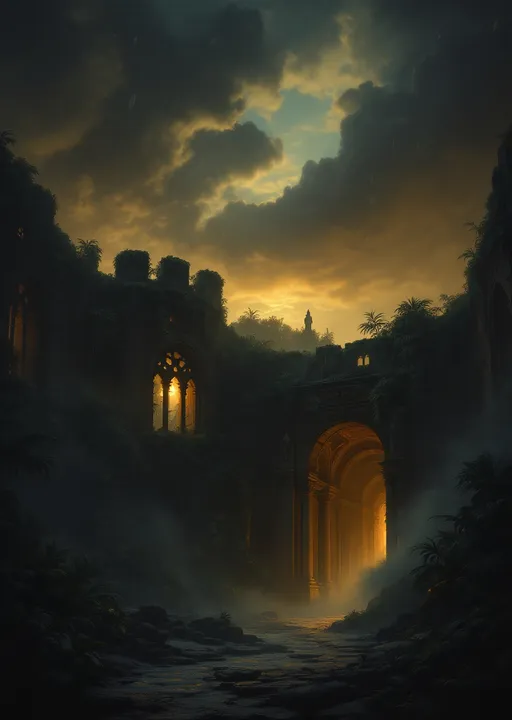 Prompt: The dark hall of a  dark, ruined castle overgrown with lush , tropical plants with collapsed roof allowing heavy snowfall to pour inside. Arched  windows let in a cold, dim sunset light . Columns . Statues .  Mist. Snow blown by the wind.  Haunting, ethereal beauty . Night . Mysterious atmosphere.  The most striking element is the sky . Thick, billowing clouds stretch across the sky, heavy and textured with tones of grey, brown, and hints of blue. These clouds seem to part just enough to reveal a glowing band of soft, golden-yellow light near the horizon, suggesting either a sunrise or a sunset. This light gently spills across the landscape, casting a muted radiance that enhances the depth and mystery of the scene. Mist. The style of 19th-century realism.