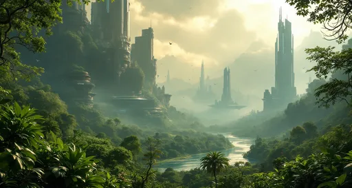 Prompt: A breathtaking fusion of untouched natural beauty and advanced futuristic civilization, likely from a science fiction or fantasy world.
The foreground of the image is dominated by a dense, verdant, lush tropical forest and diverse undergrowth. The light filters softly through the tree canopy, casting a golden glow over the landscape and highlighting the vibrant tones of green. Birds and flying creatures are scattered through the air, enhancing the sense of a thriving, untouched ecosystem.

As the eye moves toward the background, a river or lake winds peacefully through the forested valley, reflecting the sunlight and adding depth to the landscape. The water glistens subtly, leading the viewer’s gaze toward the far distance, where the image takes a dramatic turn.

Rising out of the misty horizon are several colossal, futuristic structures—tall, sleek towers that suggest advanced architecture and technology. These buildings are partially obscured by fog and sunlight, giving them an ethereal quality. They appear to be floating above or integrated seamlessly into the forest below. Some structures hover in mid-air, supported by unknown technology, while others are built on platforms that rise high above the treetops.

In the sky, various flying vehicles or drones can be seen, traveling between the structures or hovering above the landscape. These craft add a sense of motion and life to the futuristic city, implying a highly developed and interconnected society.

Despite the technological marvels, the natural world dominates the scene, suggesting a harmonious coexistence between nature and civilization. The entire composition is bathed in soft, warm light, creating an atmosphere that feels both serene and awe-inspiring.

